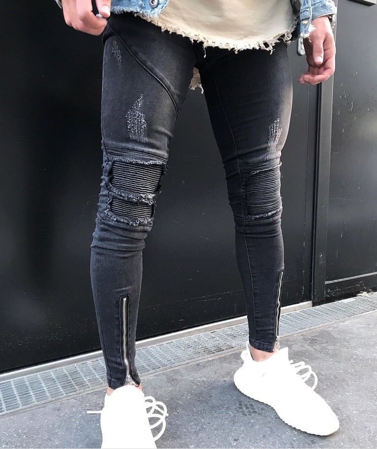 Zipper Ripped Biker Jeans