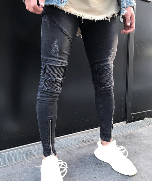 Zipper Ripped Biker Jeans