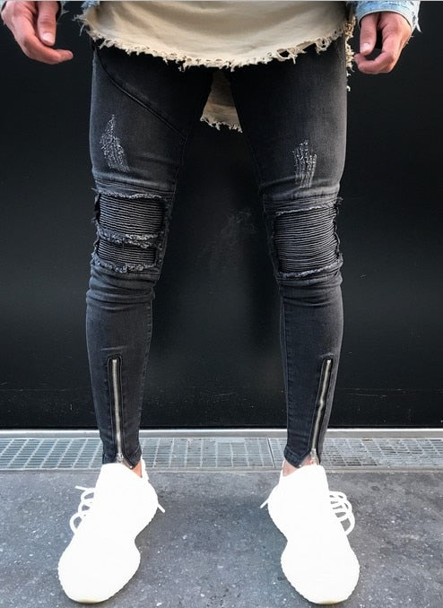 Zipper Ripped Biker Jeans