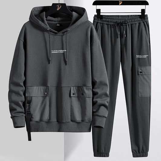 Men Streetwear Black Grey Pullover Hoodie + Pants Tracksuits